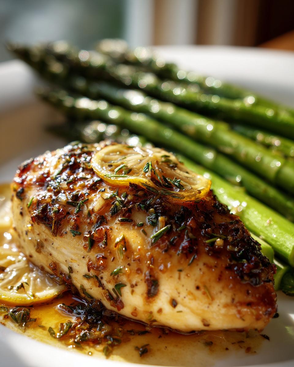 Close-up of lemon herb chicken breast and asparagus, a healthy spring dinner recipe.