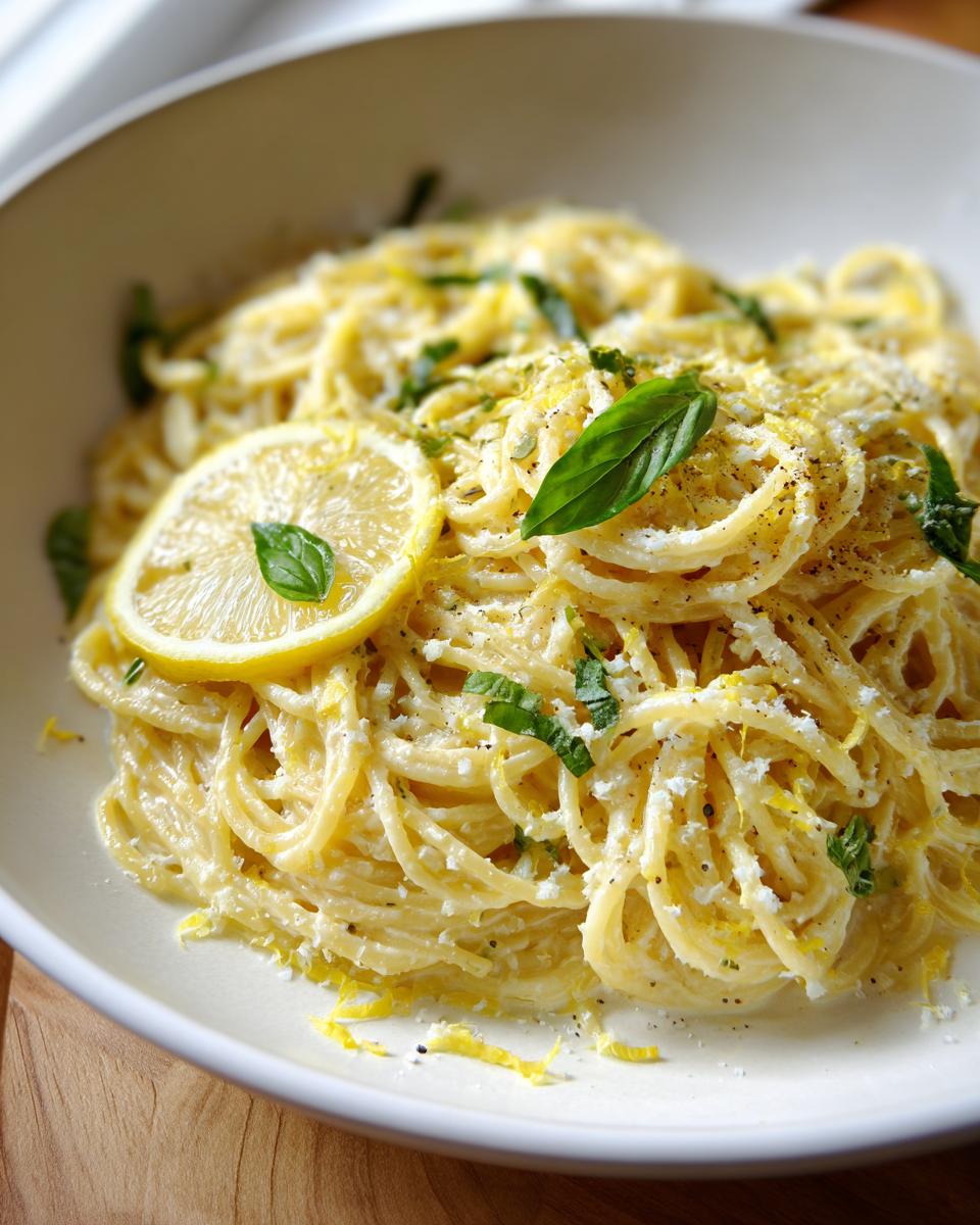 Close-up of a bowl of Lemon Ricotta Pasta, garnished with lemon slices and fresh basil.