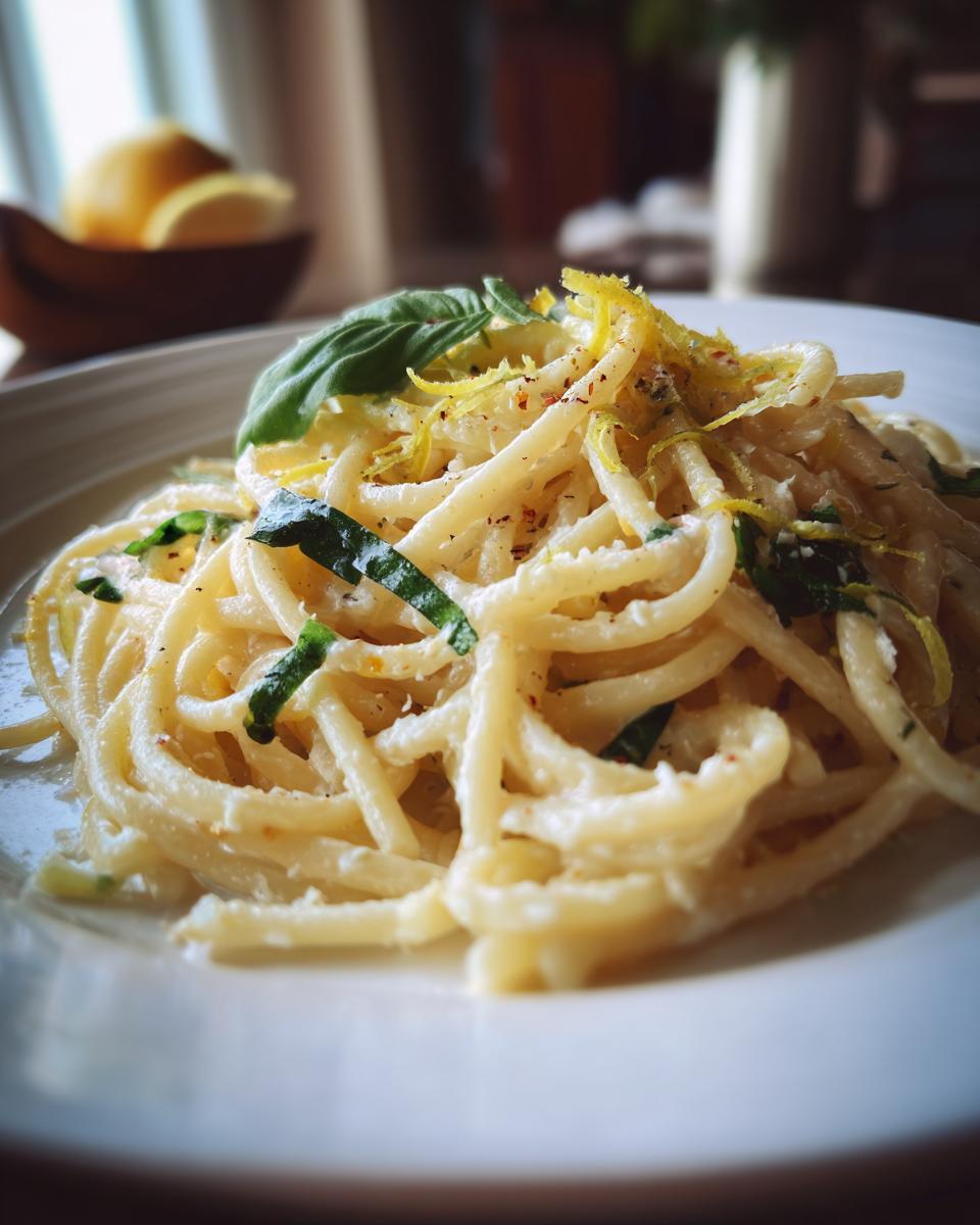 Close-up of creamy Lemon Ricotta Pasta with basil and lemon zest, a delicious and easy meal.