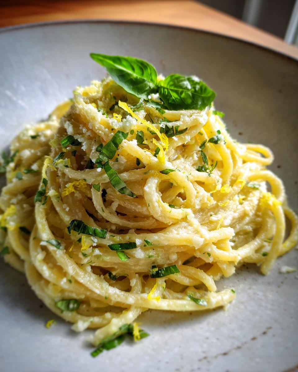 Close-up of Lemon Ricotta Pasta with basil garnish, served in a bowl.