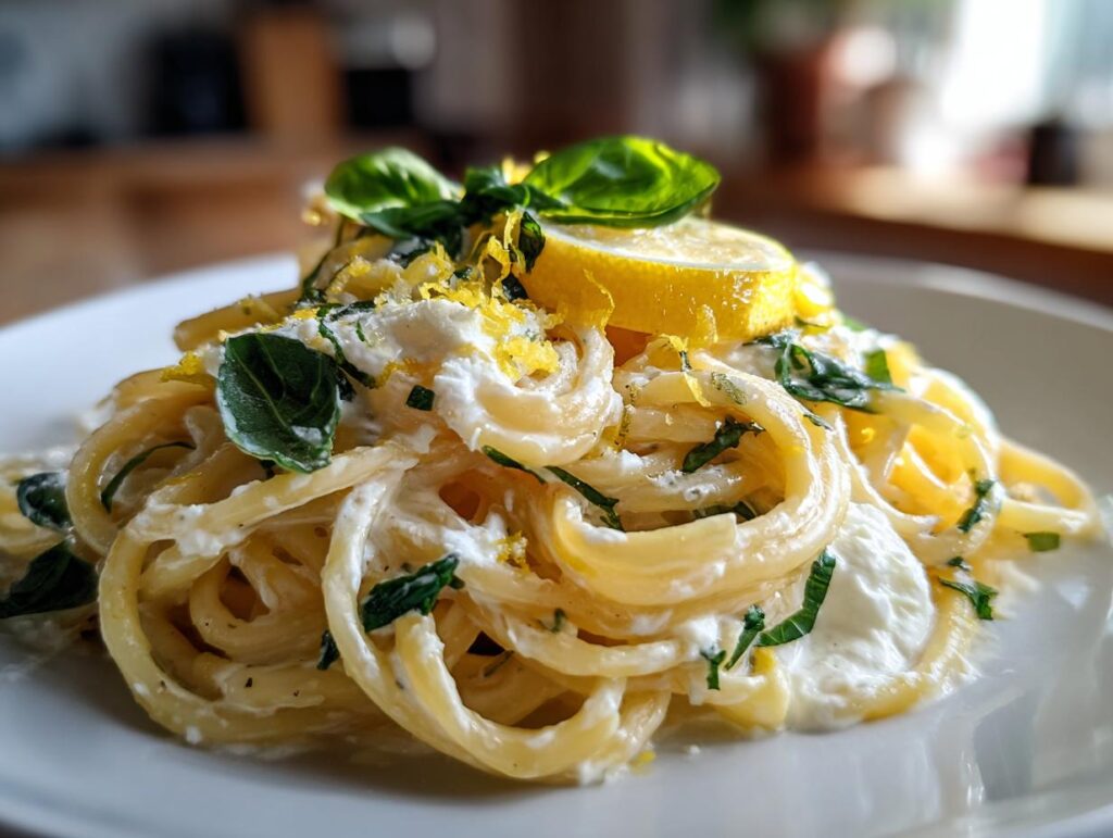 Close-up of a plate of Lemon Ricotta Pasta garnished with lemon and basil.