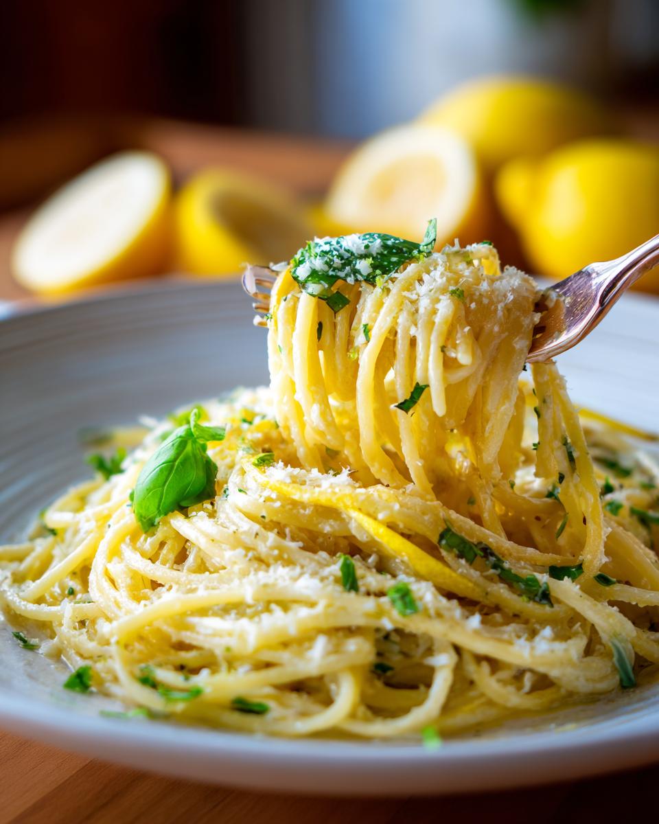 Close-up of Lemon Ricotta Pasta on a fork, showing the creamy sauce and fresh herbs. The primary keyword is Lemon Ricotta Pasta.