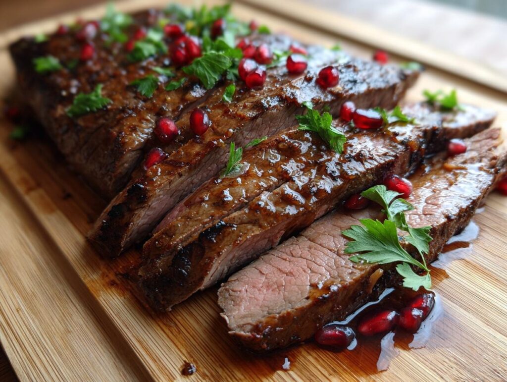 Sliced Lemony Flank Steak with Pomegranate Molasses, garnished with pomegranate seeds and parsley.