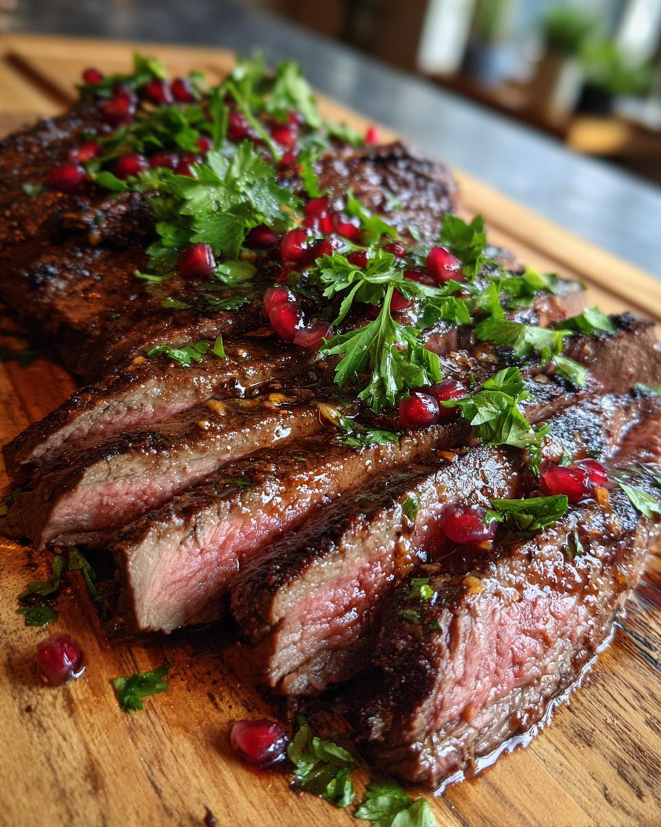 Sliced Lemony Flank Steak with Pomegranate Molasses, garnished with pomegranate seeds and parsley.