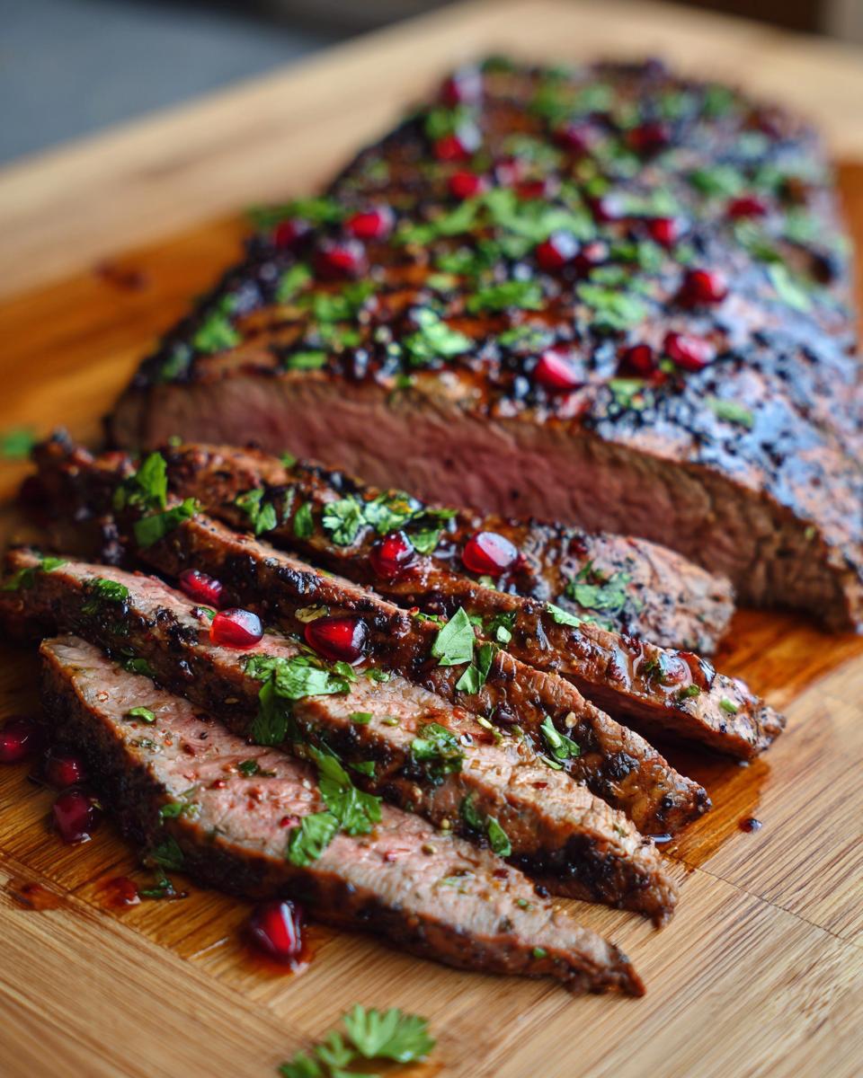 Sliced Lemony Flank Steak with Pomegranate Molasses, garnished with pomegranate seeds and herbs.