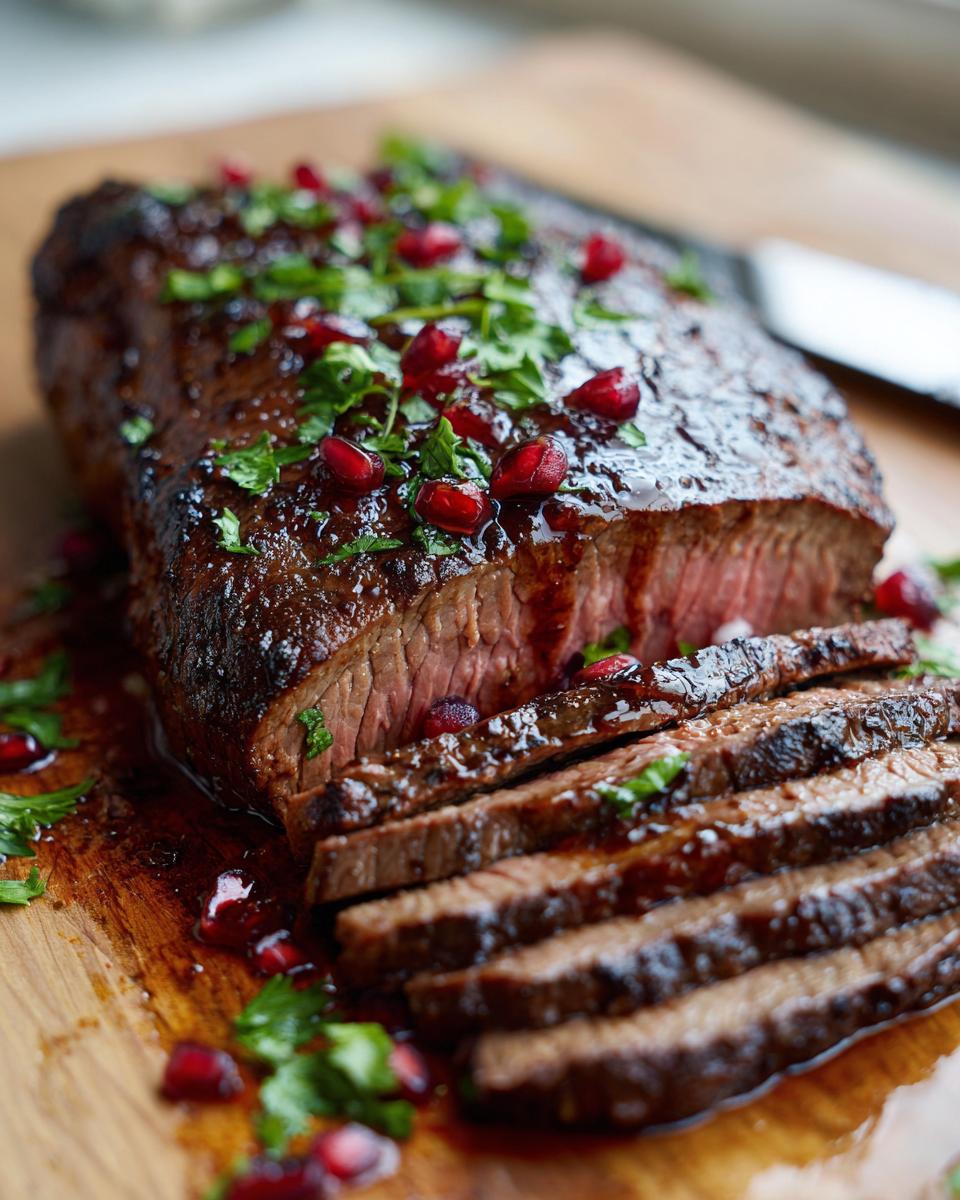 Sliced Lemony Flank Steak with Pomegranate Molasses on a wooden board, garnished with pomegranate seeds and herbs.