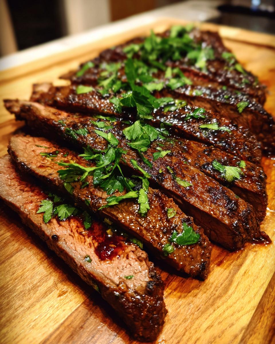 Sliced Lemony Flank Steak with Pomegranate Molasses on a wooden cutting board, garnished with fresh parsley.