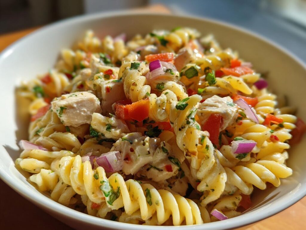 Close-up of a bowl of delicious Lime Chicken Pasta Salad with rotini pasta, chicken, and vegetables.