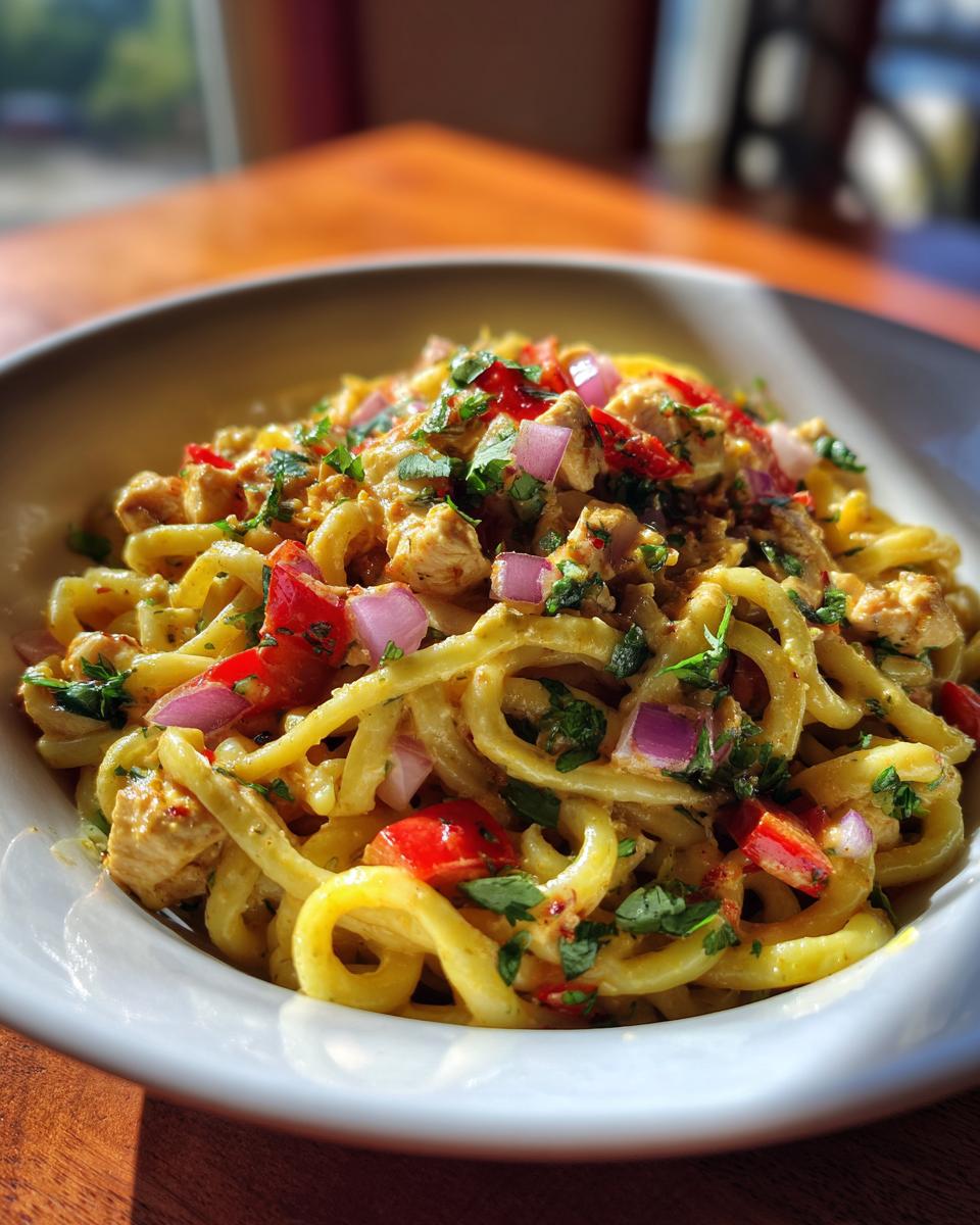 Close-up of a bowl of delicious Lime Chicken Pasta Salad with chicken, red onions, and herbs.