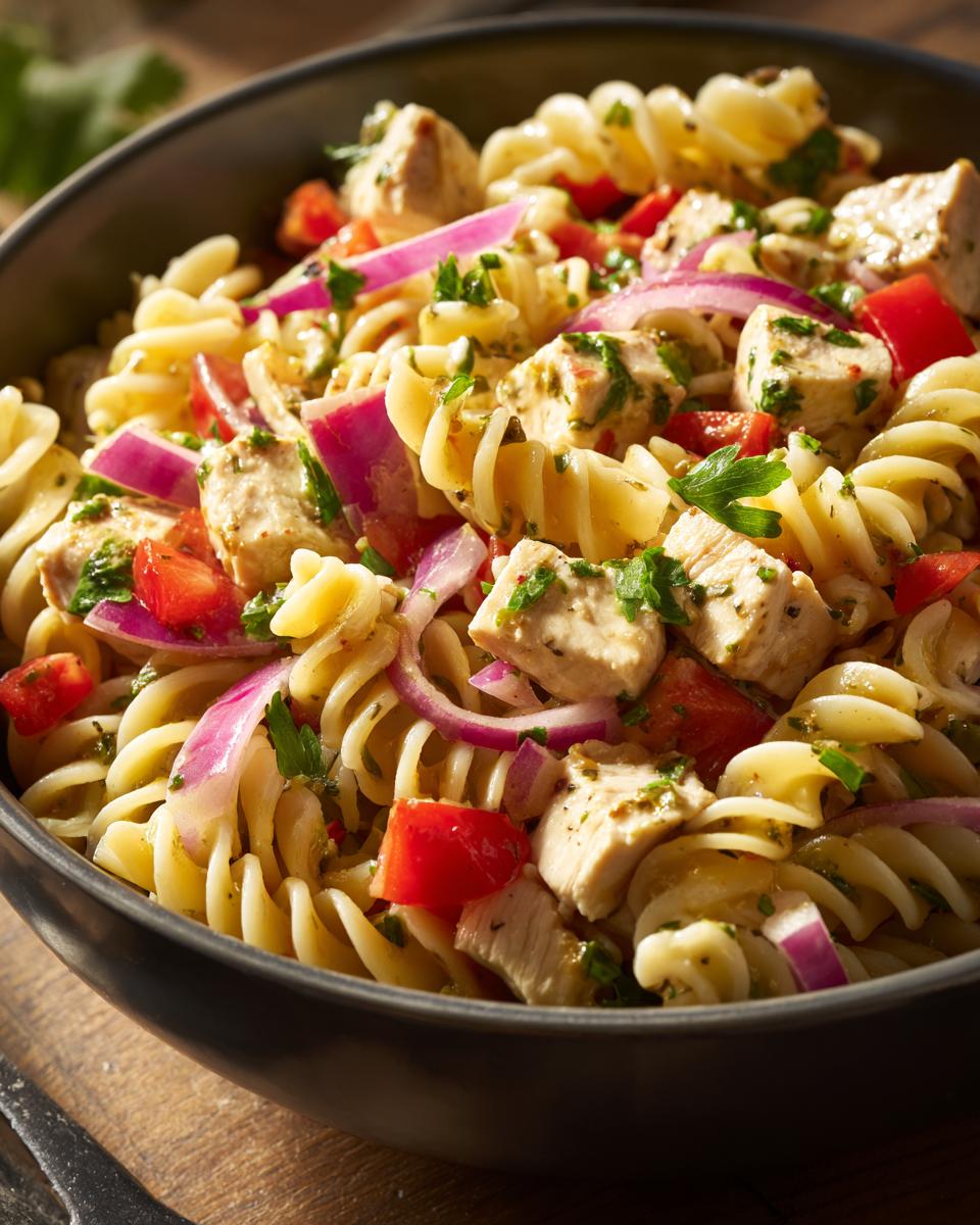 Close-up of a bowl of Lime Chicken Pasta Salad with chicken, tomatoes, red onion, and herbs.