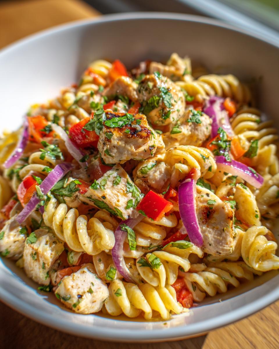 Close-up of a bowl of Lime Chicken Pasta Salad with chicken, pasta, red onion, and herbs.