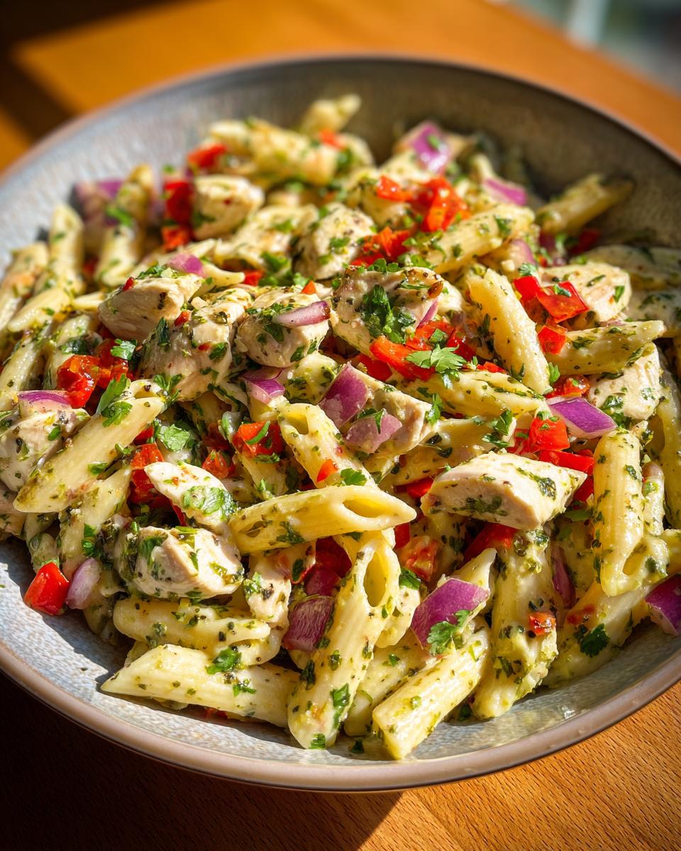 Overhead shot of a bowl of Lime Chicken Pasta Salad with chicken, pasta, red onion, and herbs.