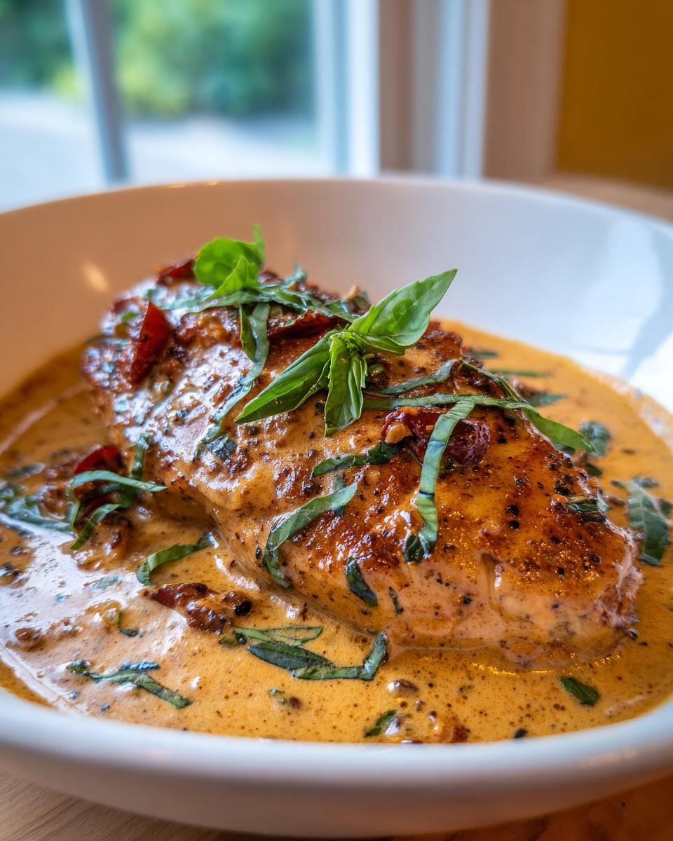 Close-up of creamy Marry Me Chicken in a white bowl, garnished with fresh basil.