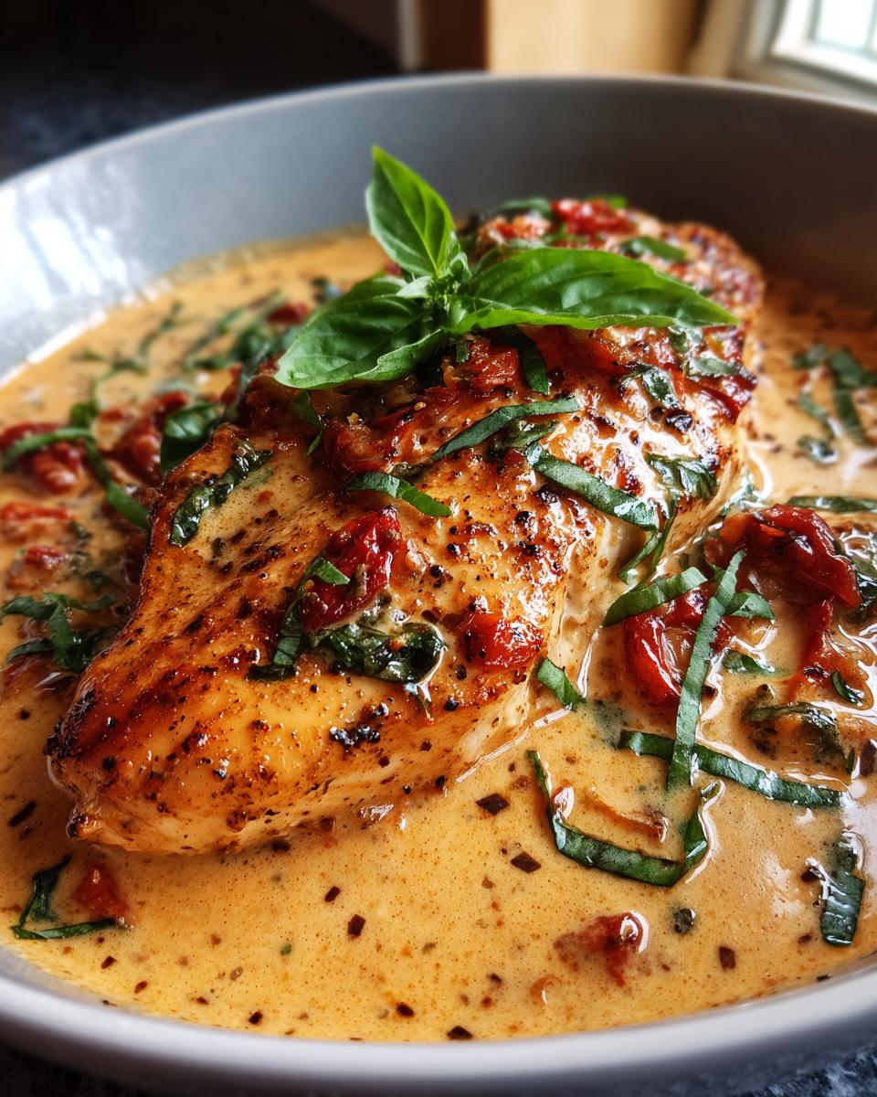 Close-up of Marry Me Chicken in a bowl, with creamy sauce, sun-dried tomatoes, and fresh basil.