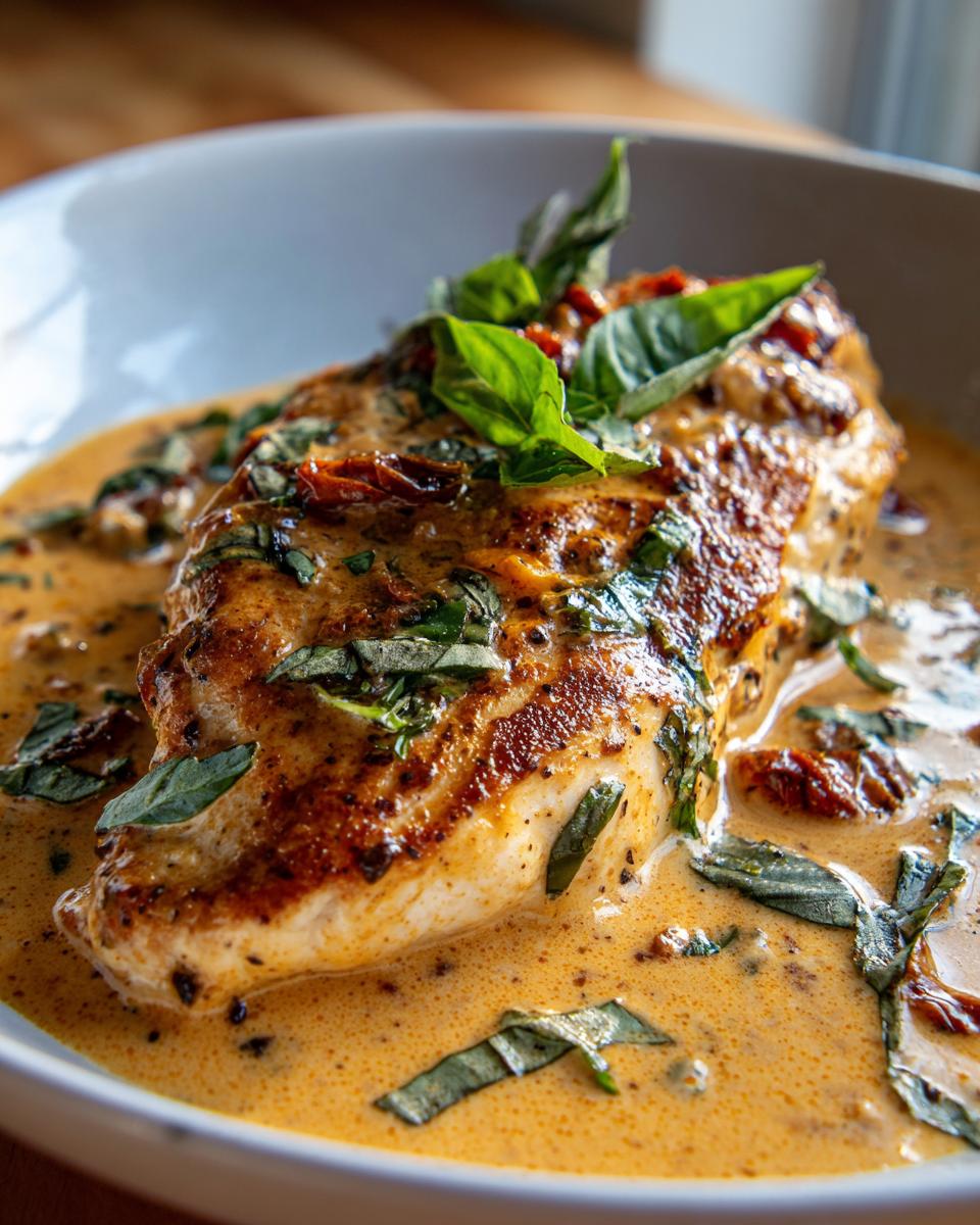 Close-up of creamy Marry Me Chicken in a bowl, garnished with basil and sun-dried tomatoes.