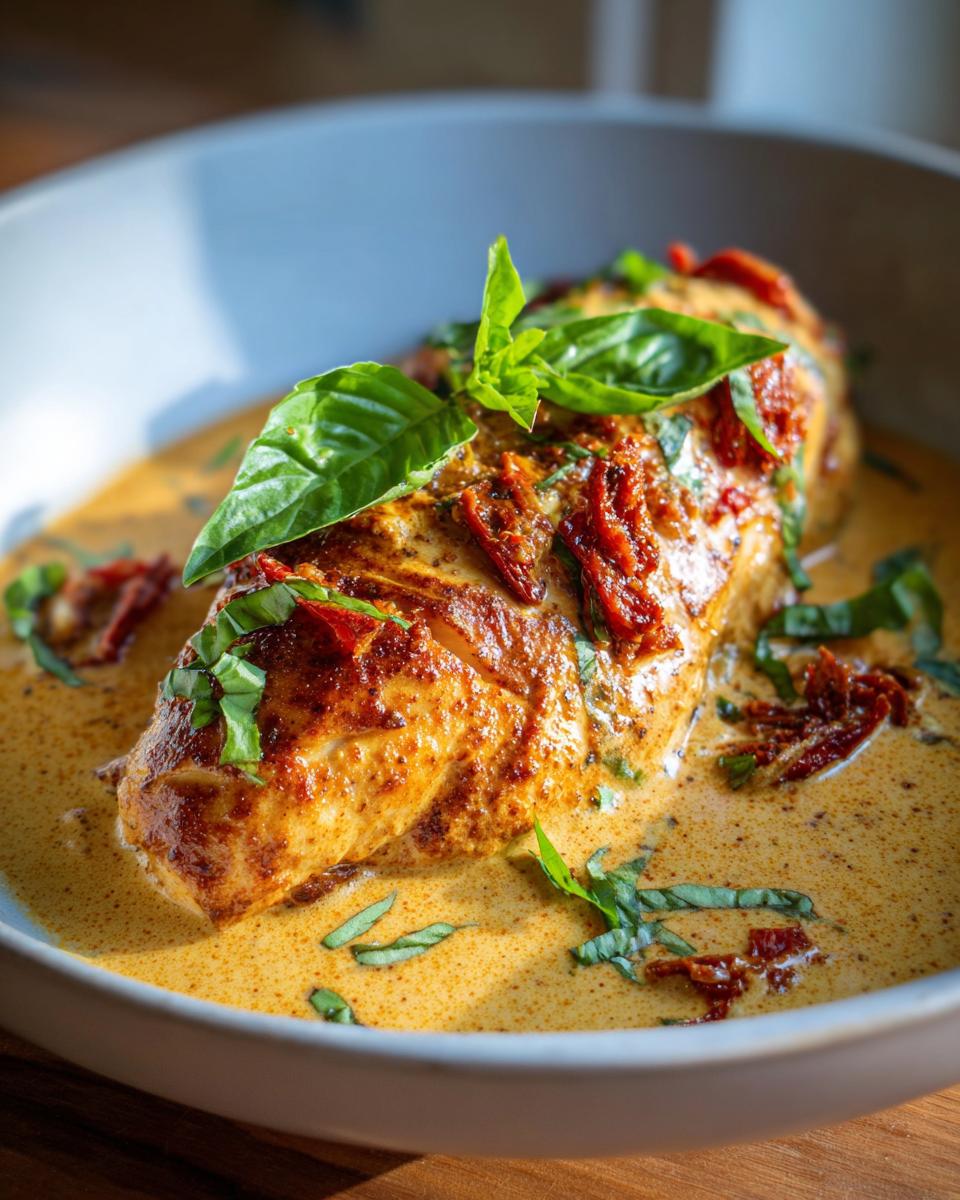 Close-up of Marry Me Chicken in a bowl, with creamy sauce, sun-dried tomatoes, and basil.