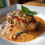 Close-up of creamy Marry Me Chicken in a white bowl, garnished with fresh basil.