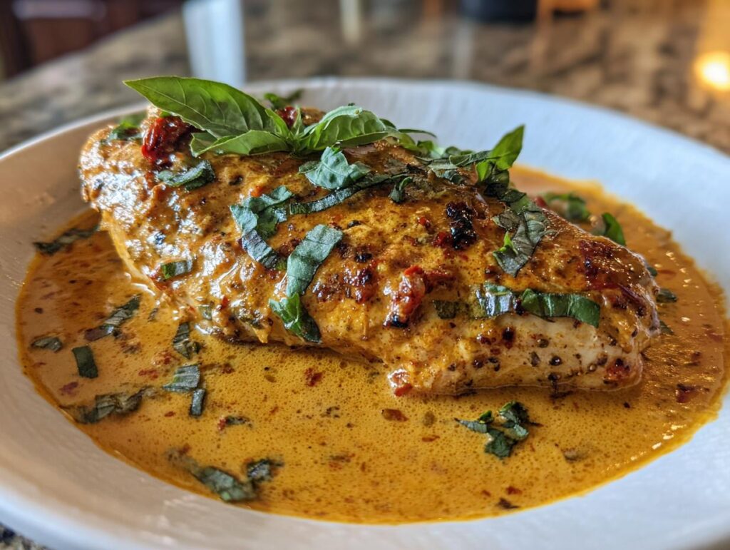 Close-up of creamy Marry Me Chicken in a white bowl, garnished with basil.