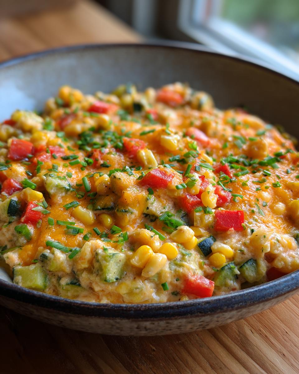 Close-up of a bowl filled with Mexican Zucchini Skillet, with corn, red peppers, and cheese.
