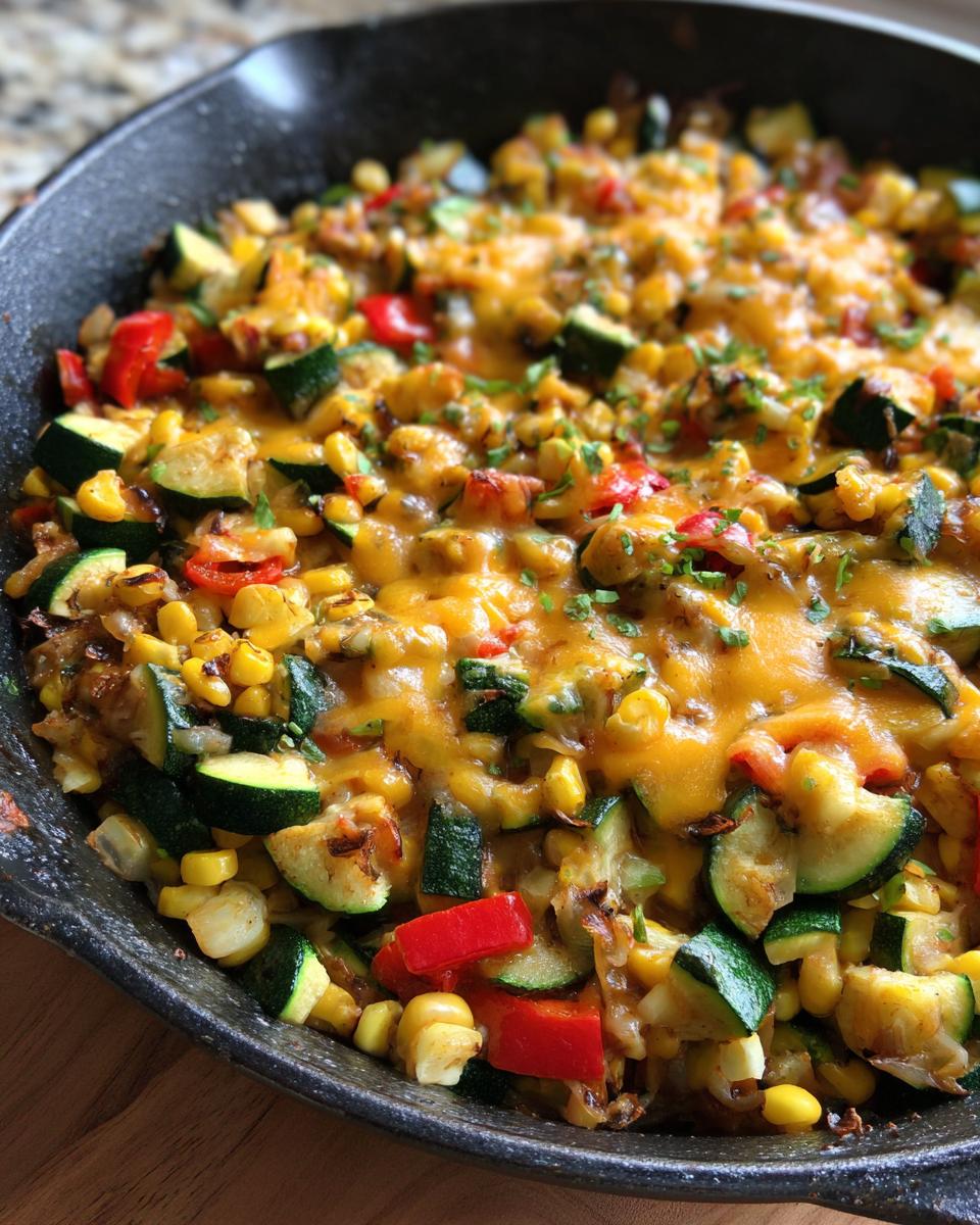 Close-up of a cheesy Mexican Zucchini Skillet with zucchini, corn, and red peppers.