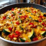 Close-up of a Mexican Zucchini Skillet with zucchini, corn, peppers, and melted cheese.
