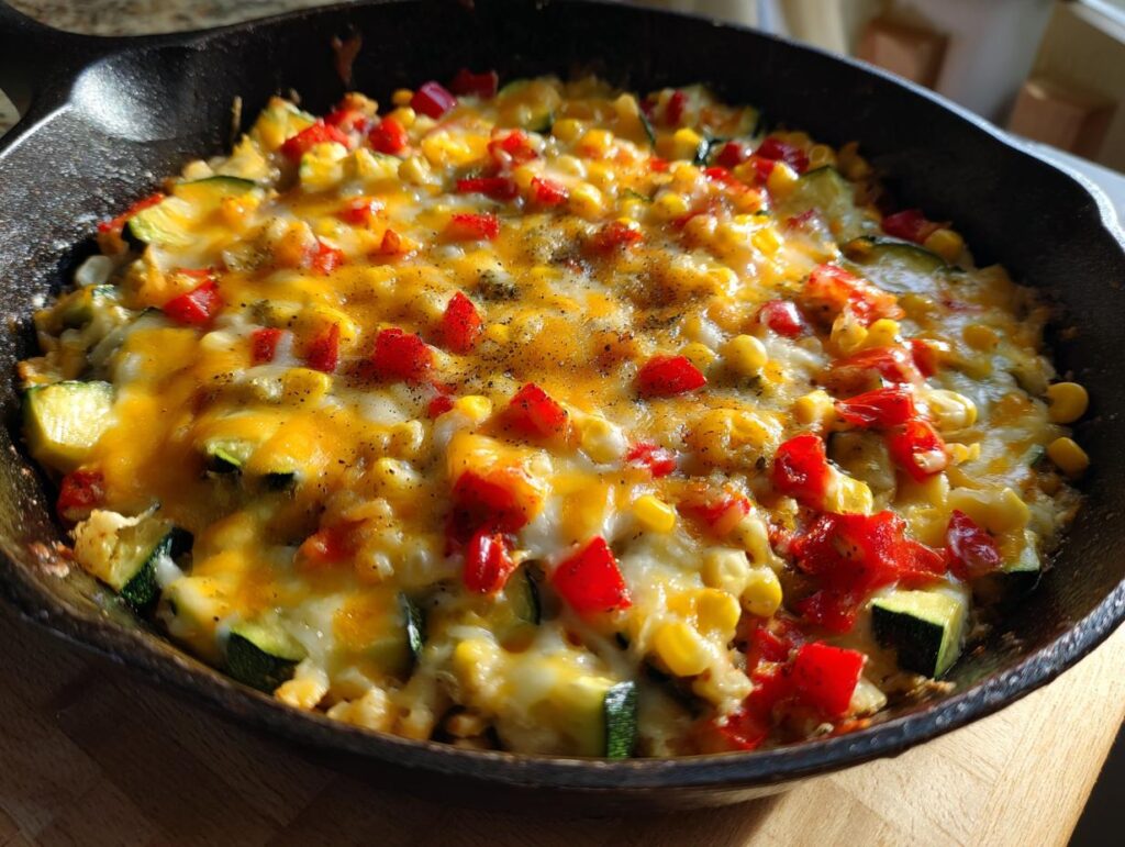 Close-up of a Mexican Zucchini Skillet with corn, red peppers, and melted cheese.