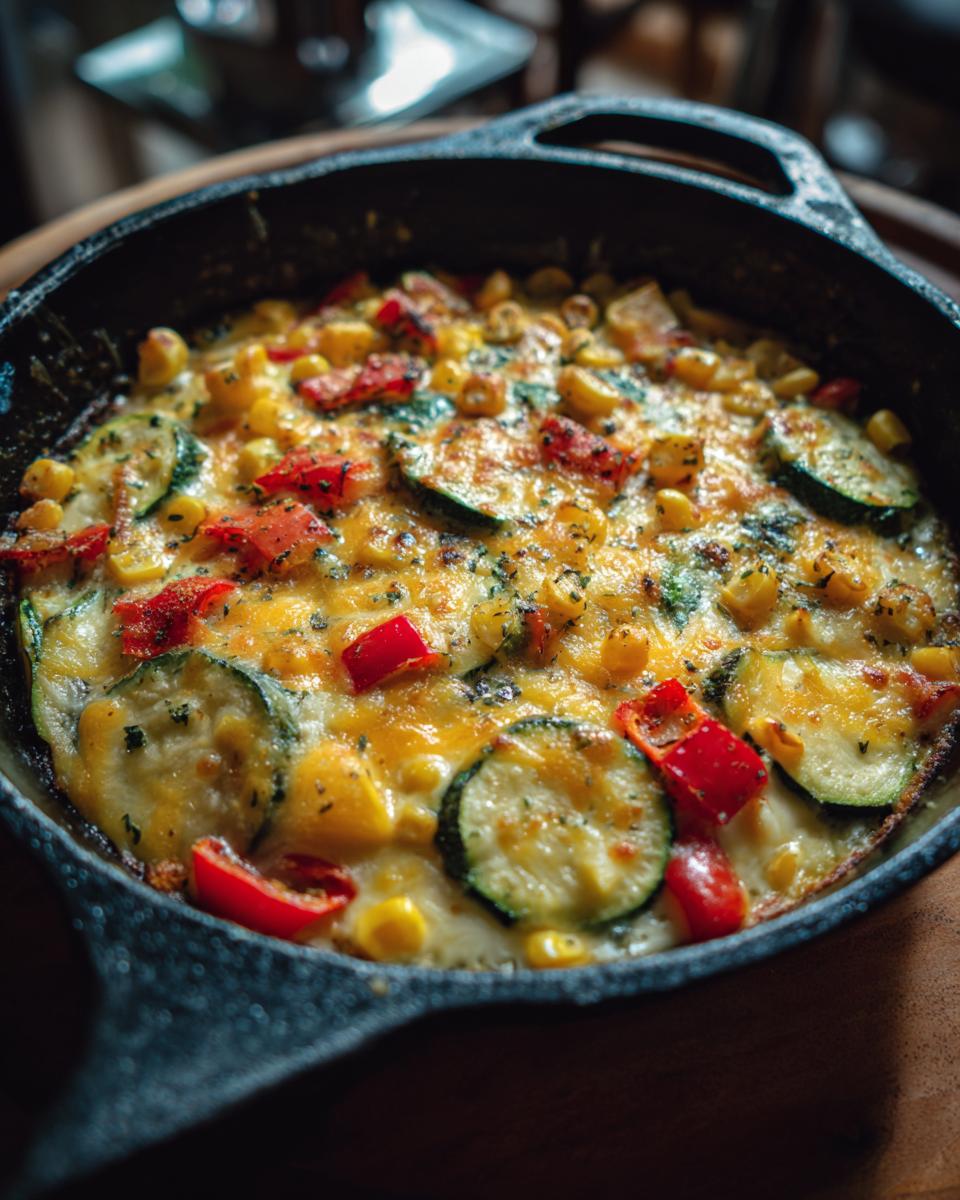 Close-up of a Mexican Zucchini Skillet with zucchini, corn, red bell peppers, and cheese in a cast iron skillet.