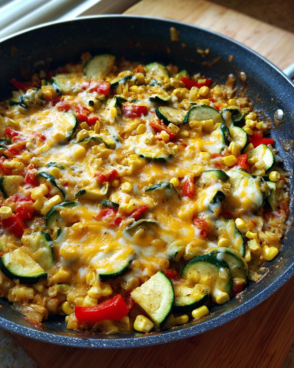 Overhead shot of a delicious Mexican Zucchini Skillet with zucchini, corn, peppers, and melted cheese.