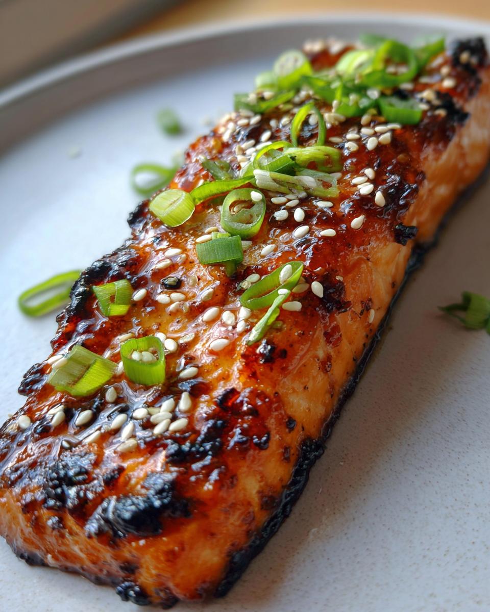 Close-up of a perfectly cooked Miso Glazed Salmon fillet garnished with sesame seeds and fresh scallions.