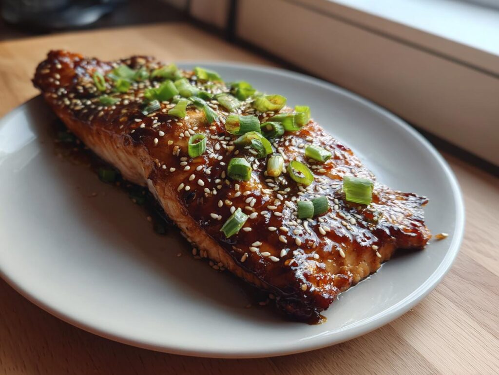 Close-up of a perfectly cooked Miso Glazed Salmon fillet, garnished with sesame seeds and green onions.