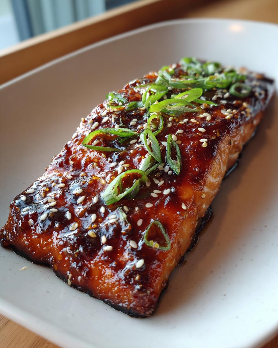 Close-up of Miso Glazed Salmon fillet, garnished with sesame seeds and green onions.
