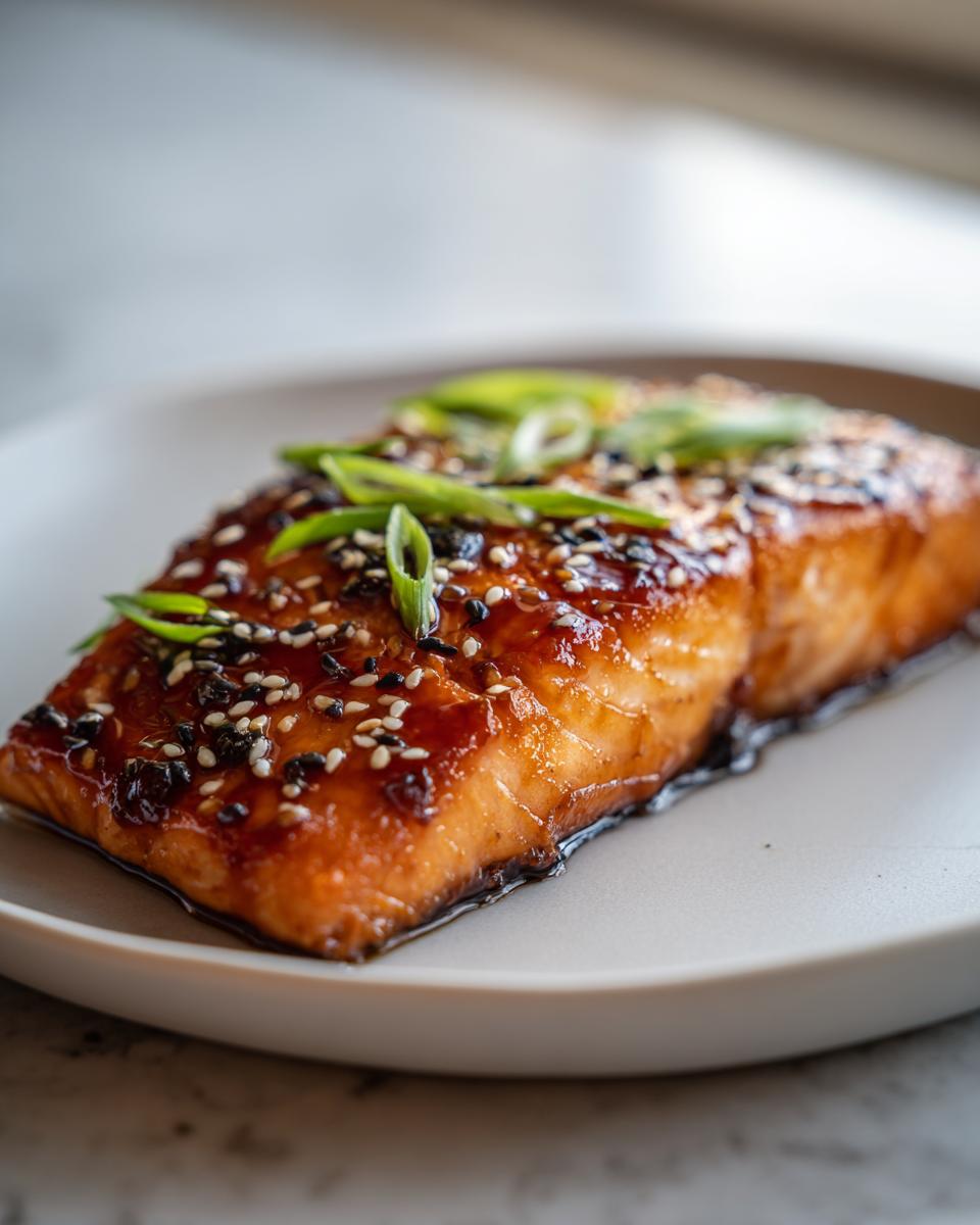 Close-up of a perfectly cooked Miso Glazed Salmon fillet on a plate, garnished with sesame seeds and green onions.
