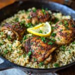 Close-up of One Pot Lemon Herb Chicken and Rice in a cast iron skillet, garnished with lemon.