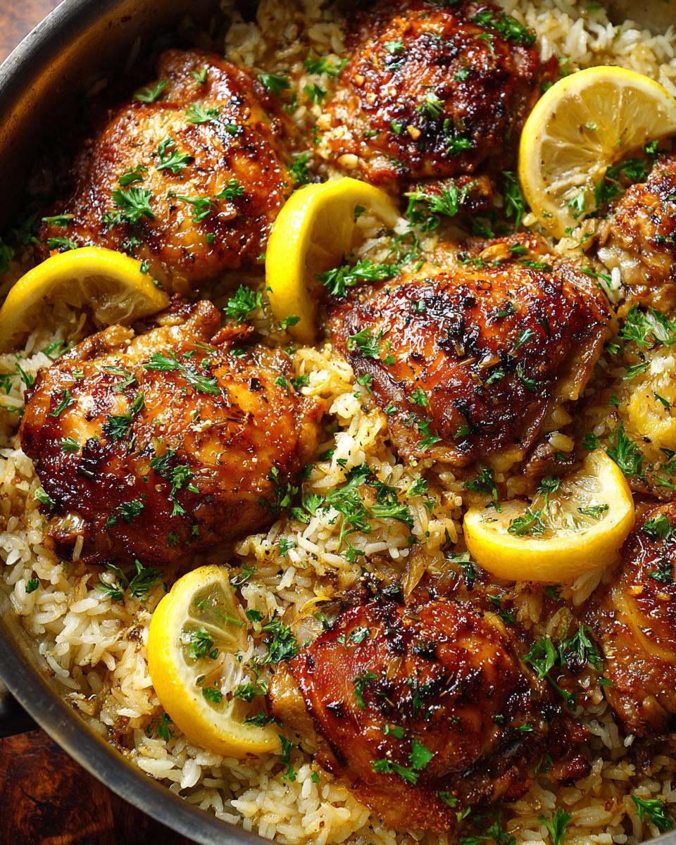 Close-up of One Pot Lemon Herb Chicken and Rice with lemon slices and herbs.