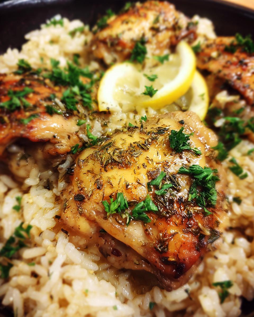 Close-up of One Pot Lemon Herb Chicken and Rice with lemon slices and herbs.
