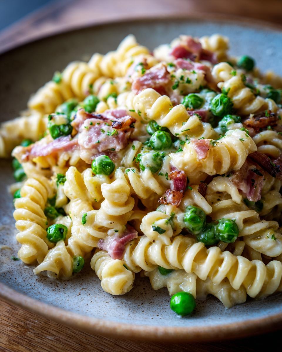 Close-up of Pasta with Pancetta and Peas in a bowl, a creamy pasta dish.