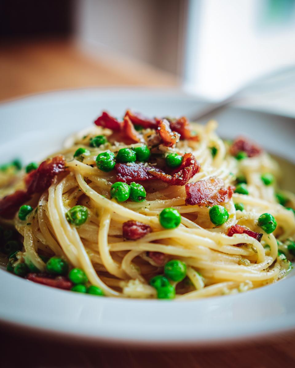 Close-up of pasta with pancetta and peas in a white bowl. A delicious Pasta with Pancetta and Peas recipe.