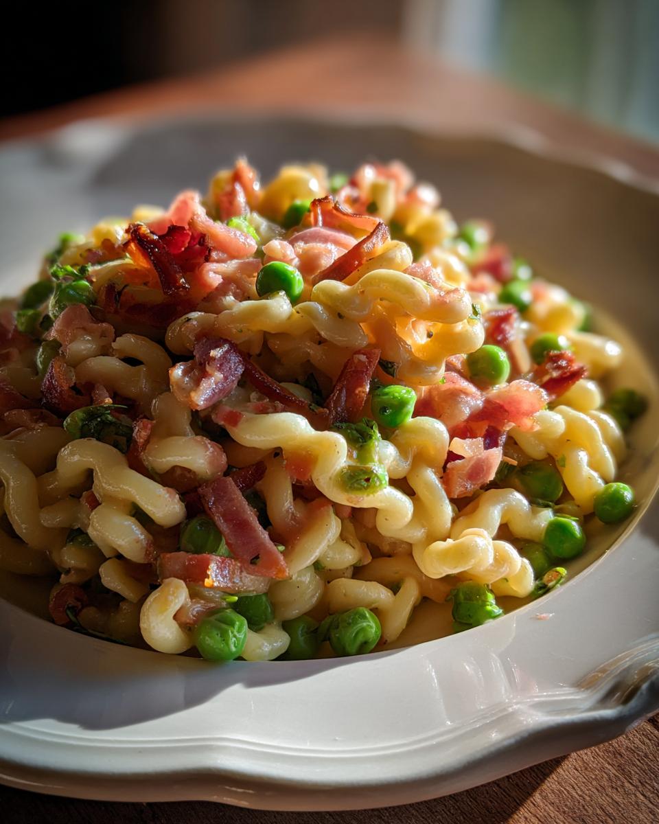 Close-up of Pasta with Pancetta and Peas, a delicious pasta dish.