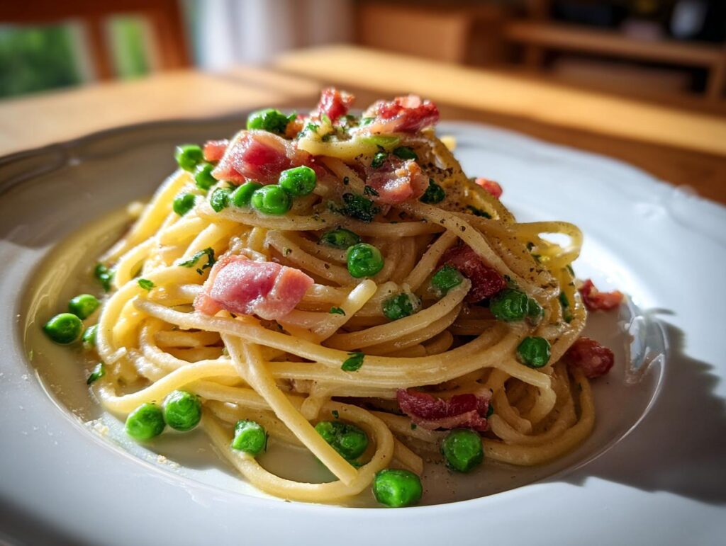 Close-up of Pasta with Pancetta and Peas, a delicious Italian dish.