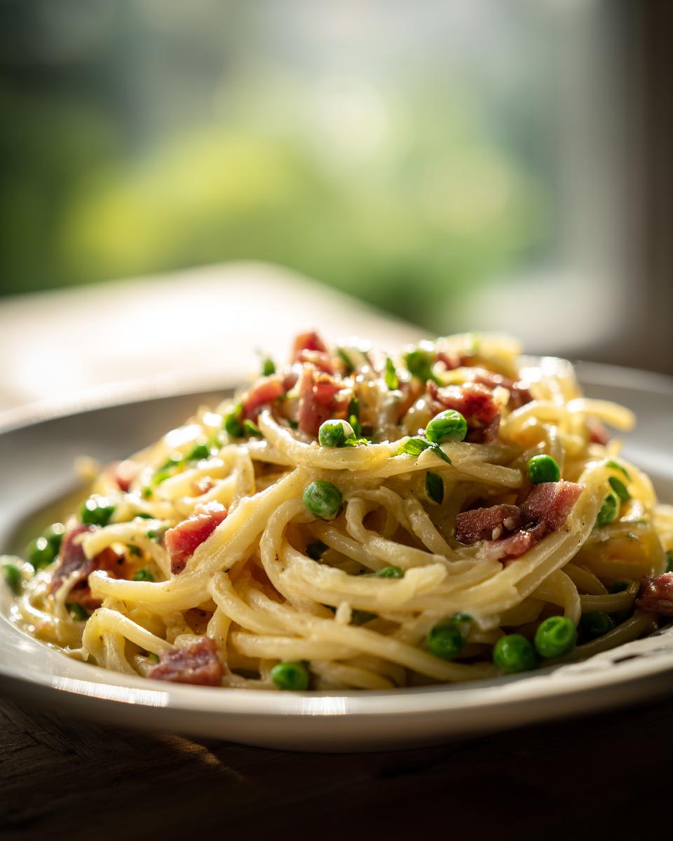 Close-up of a plate of Pasta with Pancetta and Peas, a delicious and easy Italian dish.
