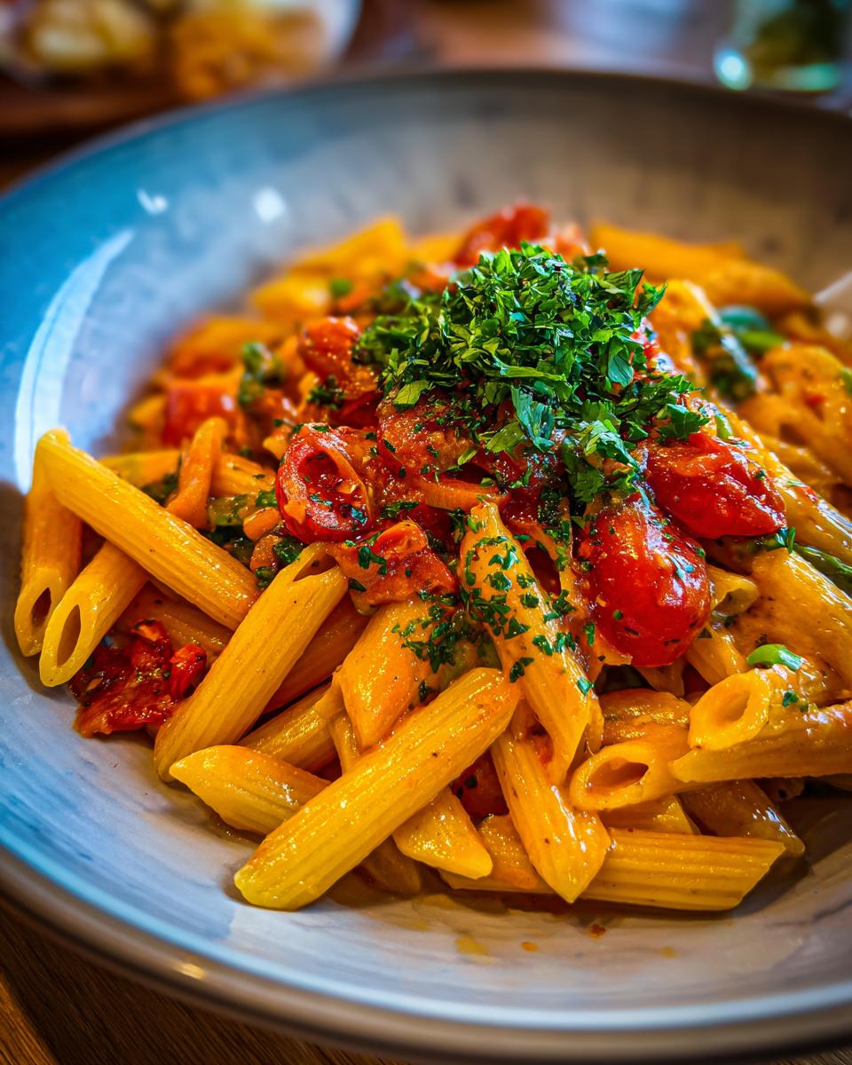 Close-up of Penne Pasta Primavera with fresh vegetables and herbs in a bowl.