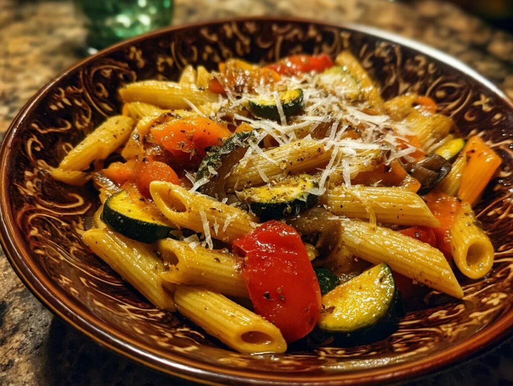 Close-up of Penne Pasta Primavera with vegetables and cheese.