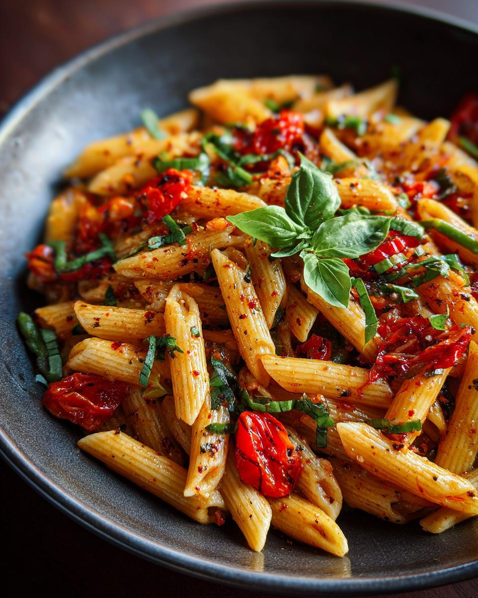 Close-up of Penne Pasta Primavera with tomatoes and basil, a healthy dinner recipe.