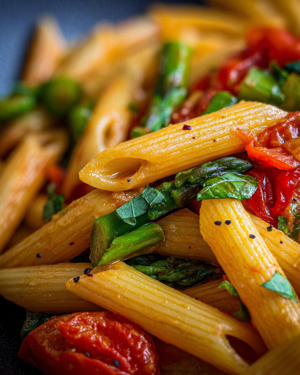 Close-up of Penne Pasta Primavera with vegetables, including asparagus and tomatoes. A delicious and healthy Penne Pasta Primavera.