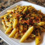 Close-up of Penne Pasta Primavera with vegetables and herbs, a healthy dinner recipe.