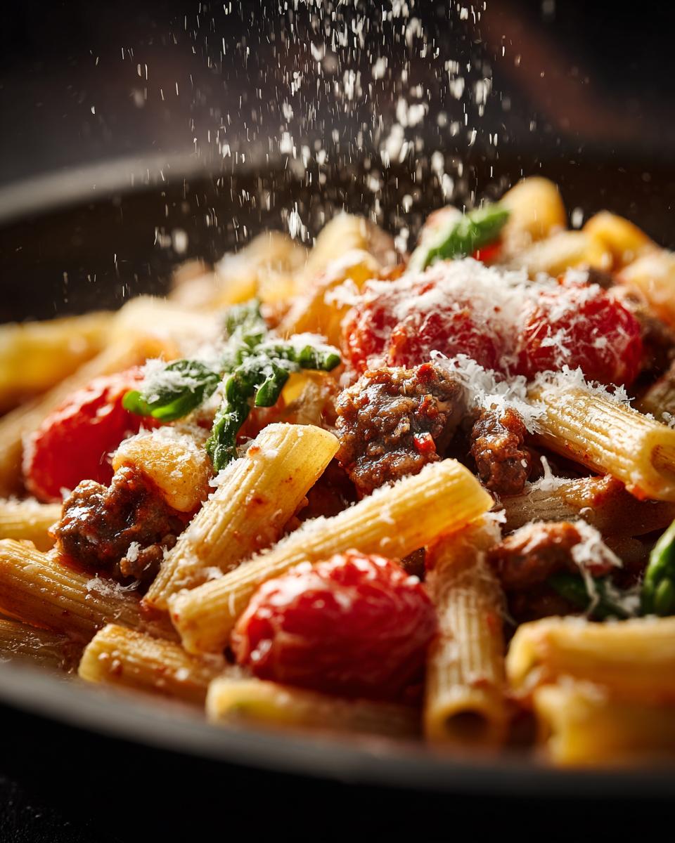 Close-up of Penne Pasta Primavera with grated parmesan cheese sprinkled on top.