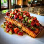 Close-up of Pesto Grilled Salmon topped with fresh Strawberry Cucumber Salsa, served on a white plate.