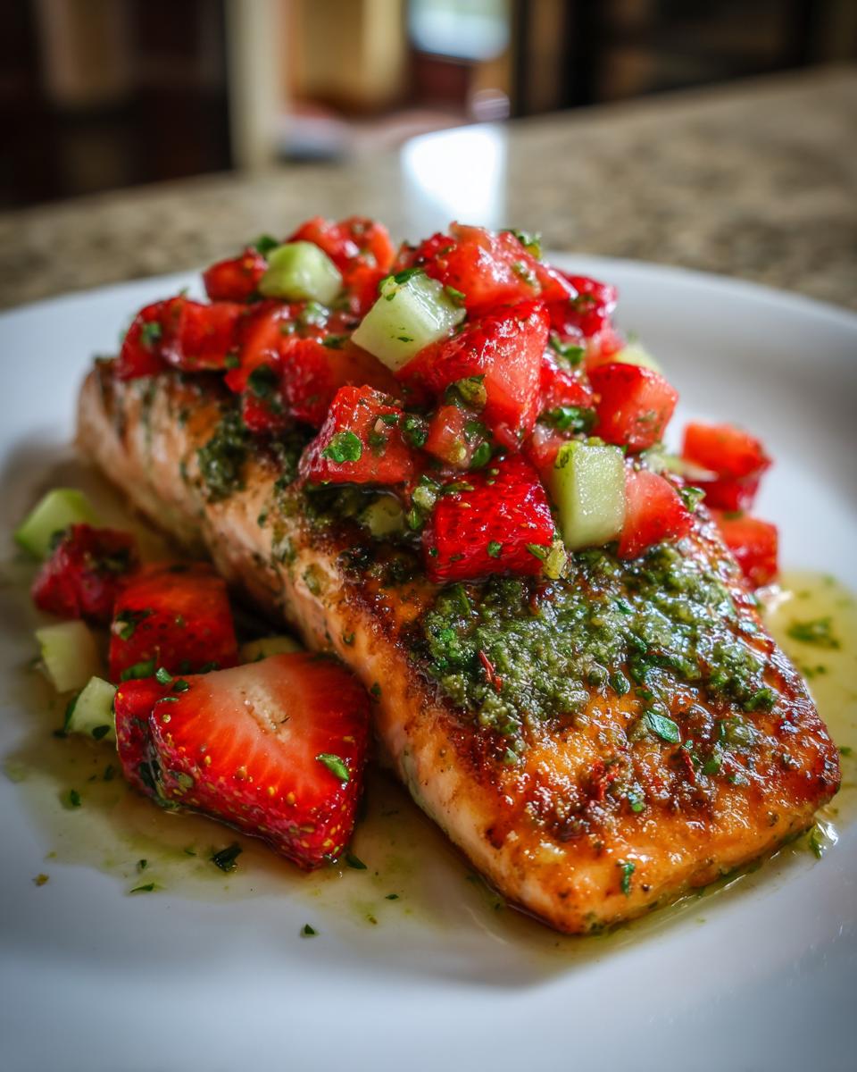 Close-up of Pesto Grilled Salmon with Strawberry Cucumber Salsa on a white plate.