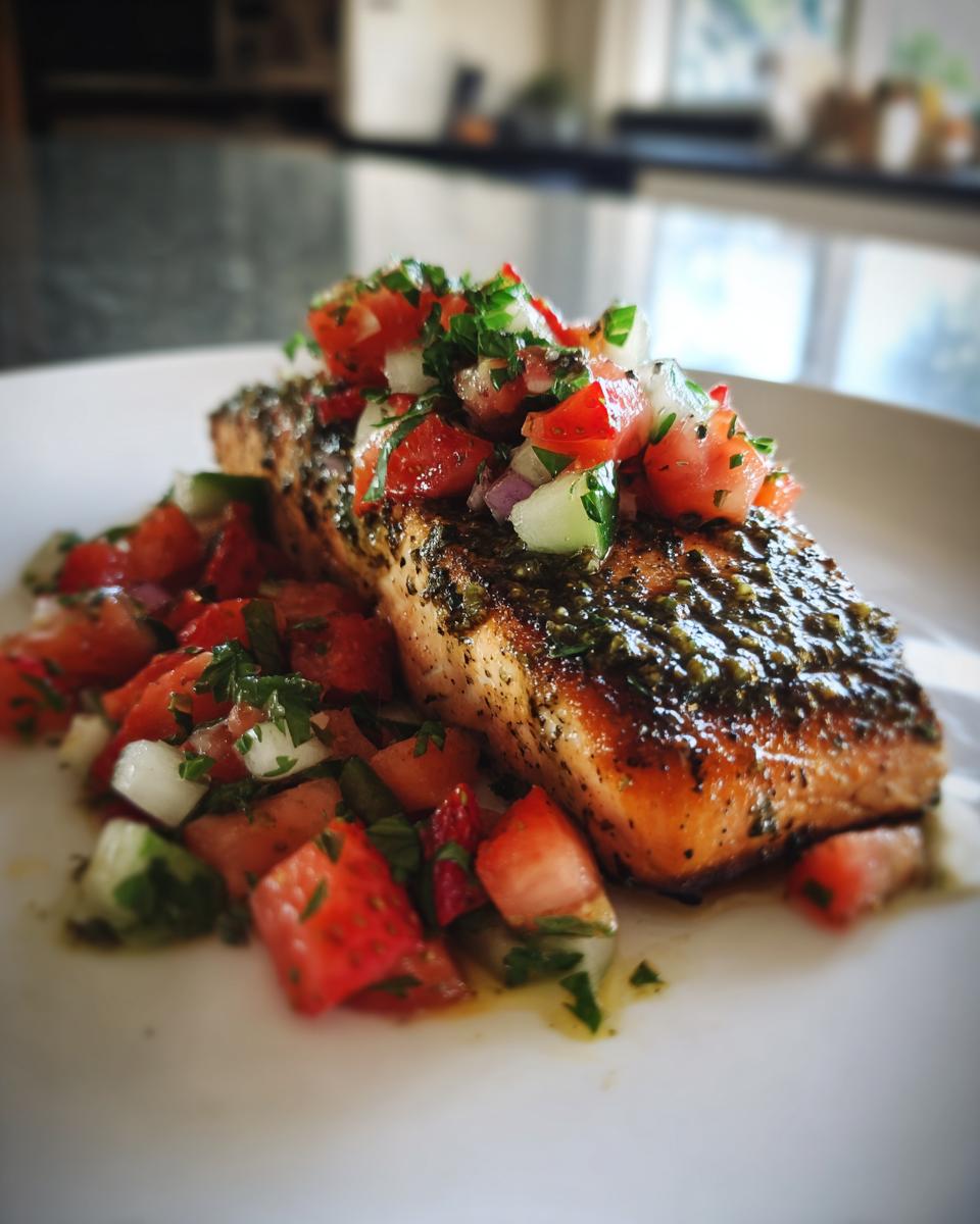 Grilled salmon fillet topped with pesto and strawberry cucumber salsa, a delicious dish.
