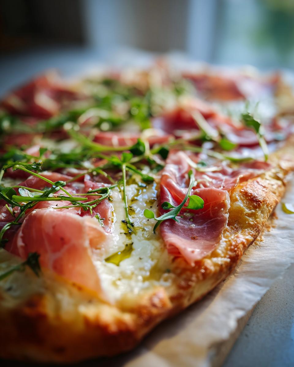 Close-up of a delicious Prosciutto and Pea Shoot Pizza with fresh pea shoots and prosciutto.